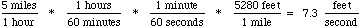 equation showing how to convert 5 miles per hour into 7.3 feet per second